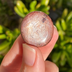 May include: A circular, polished gemstone displaying reddish-brown and silver hues. The stone has a speckled texture and is held in a hand, with a blurred green backdrop visible.