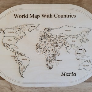Wereldkaart met landenpuzzel, Lasergesneden bestand SVG DXF, vectorplannen, lasergesneden sjabloon, laser svg, laserpatroon, dxf-plan