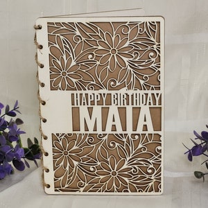 Tarjeta de Ocasión de Madera Personalizada / Diseño Floral / Mensaje Grabado