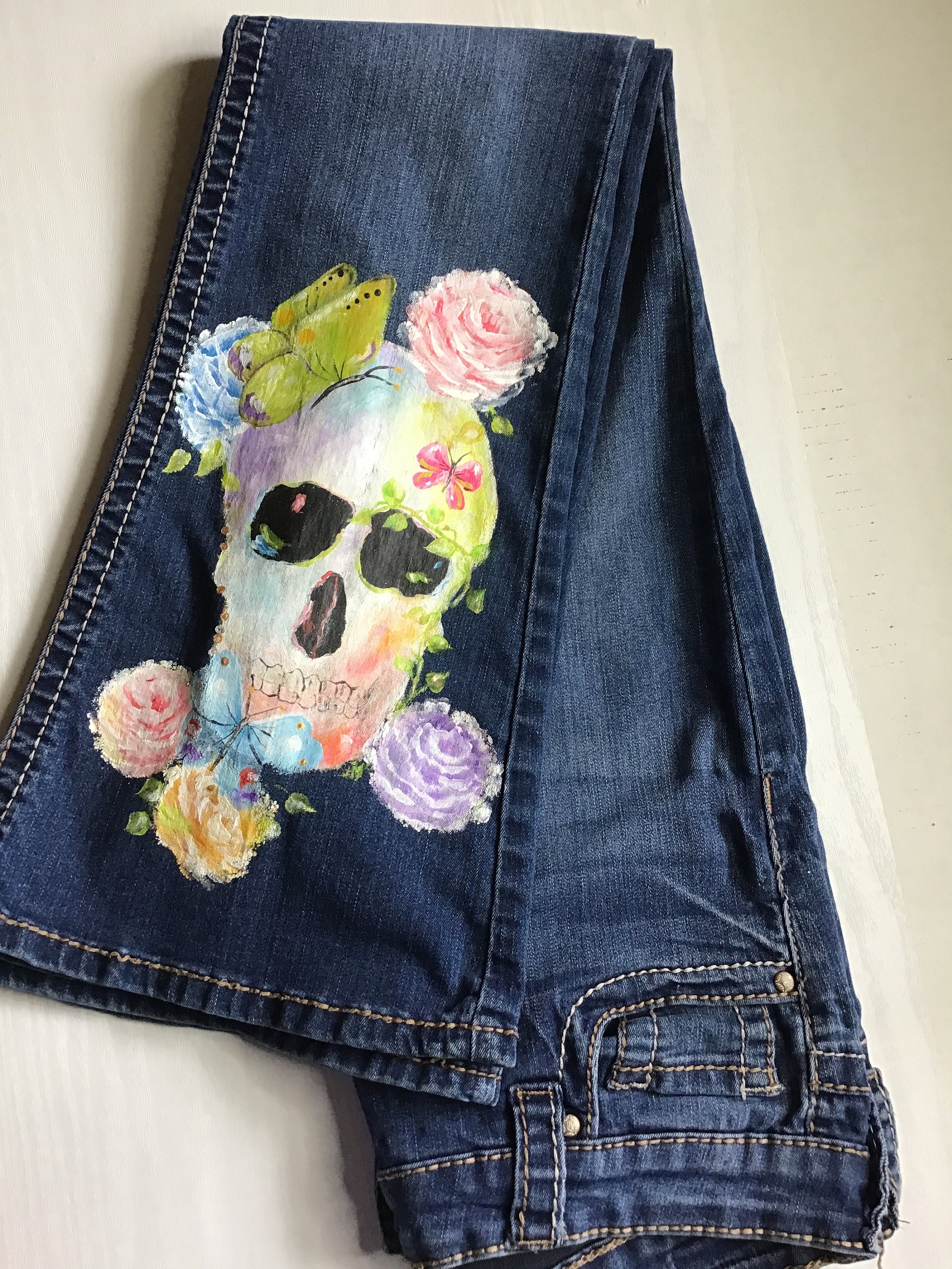 Hand Painted Flowered Skull Jeans Etsy