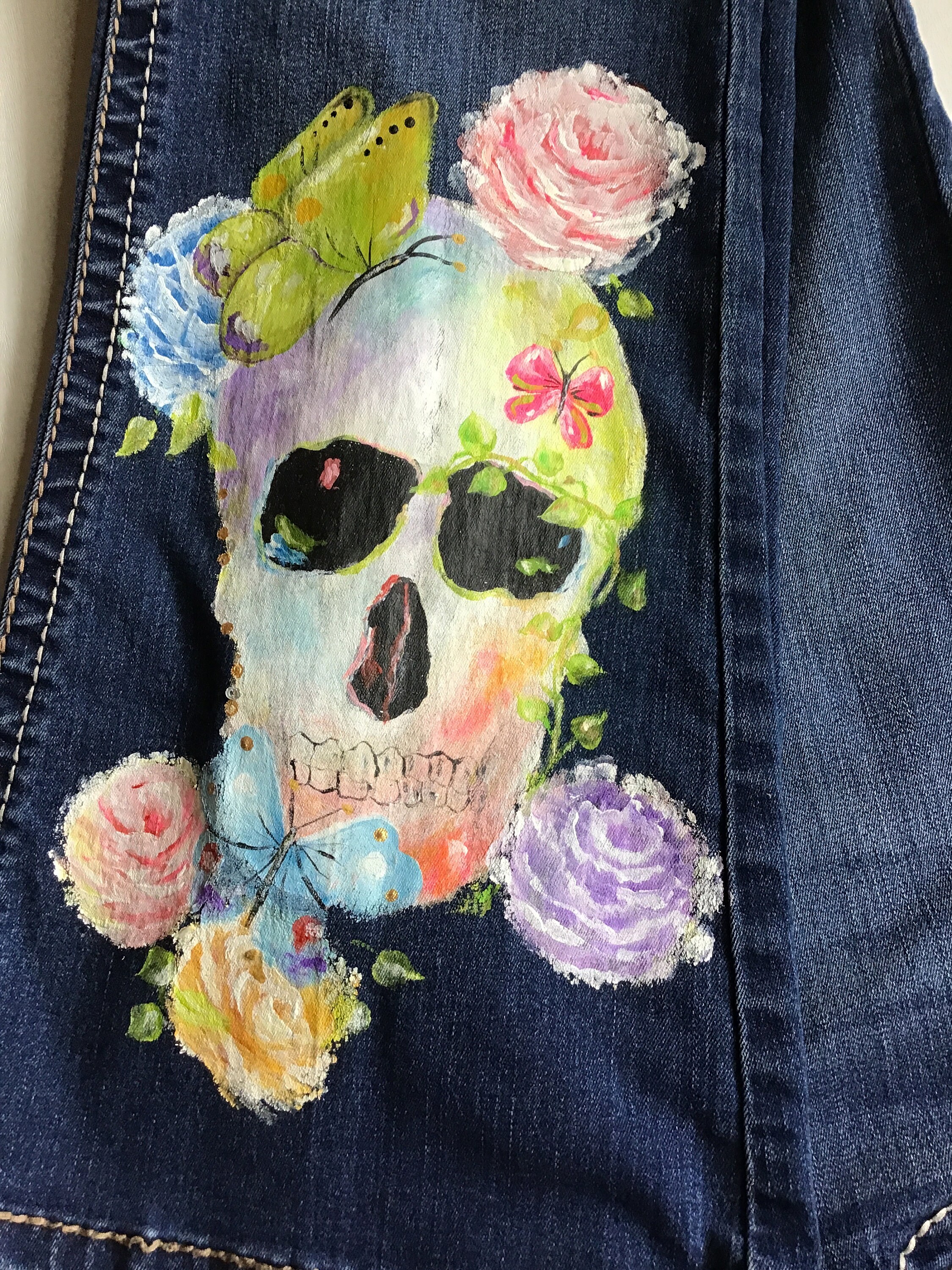 Hand Painted Flowered Skull Jeans Etsy