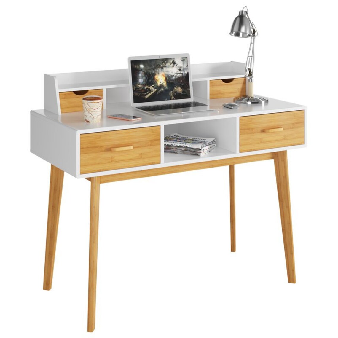 Bamboo Home Office Desk with Drawers and Shelf Etsy