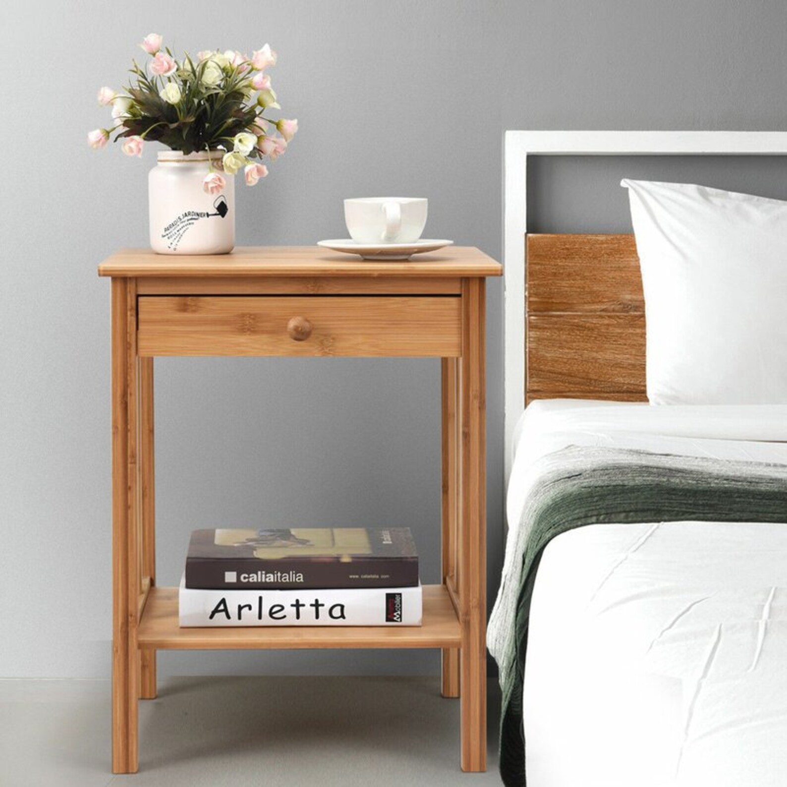 Set of 2 Bamboo Wood Nightstand with Drawer Etsy