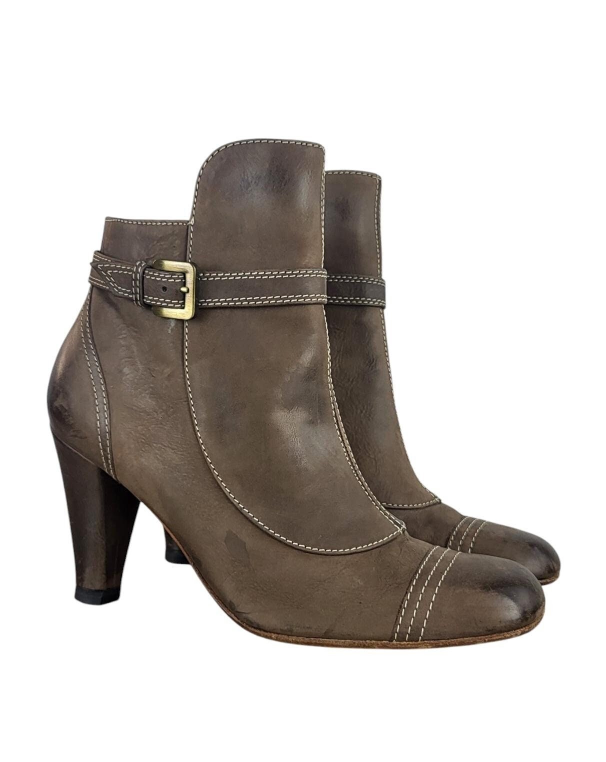 Bottes Vintage CHARLES En Cuir Embossé Marron Clair - Taille 37 - Talon 6.5 Cm