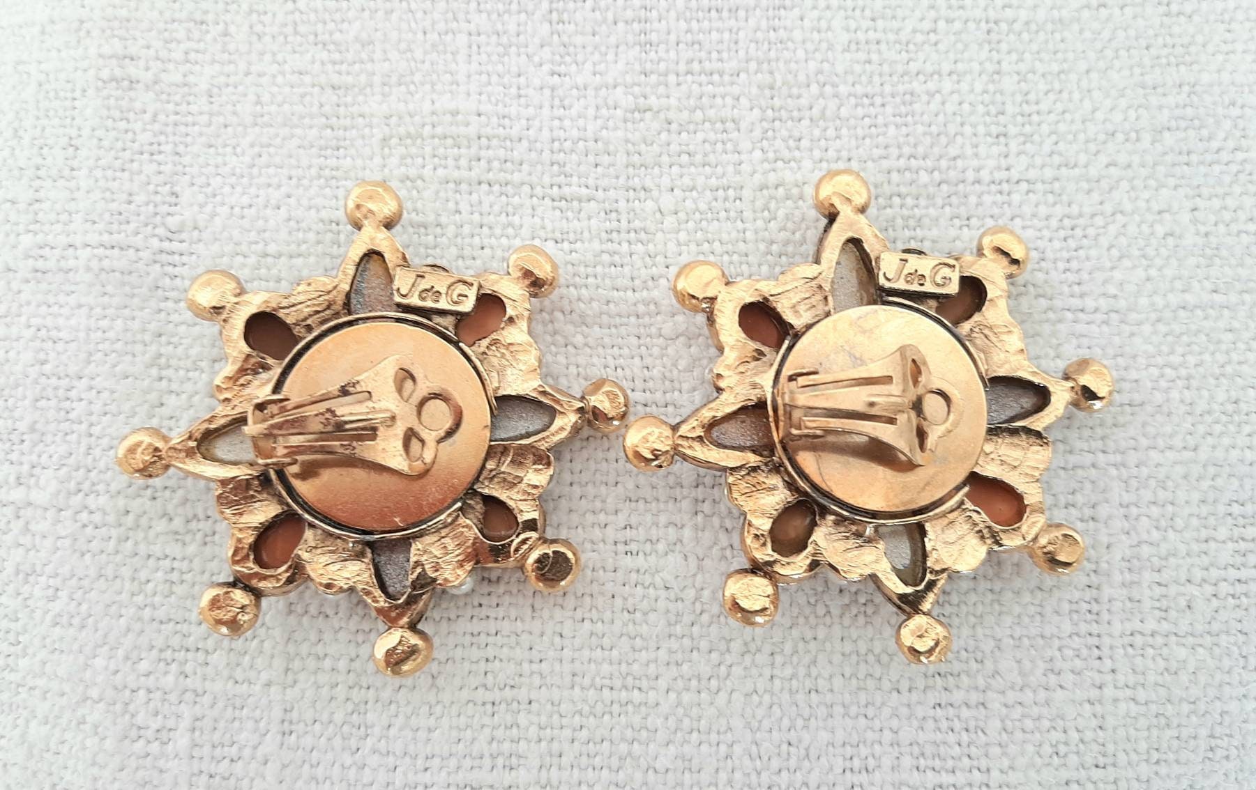 Boucles D'oreilles Clips Vintage Années 80-90 - Dorées Avec Cabochon Ambre - Occasion Rétro