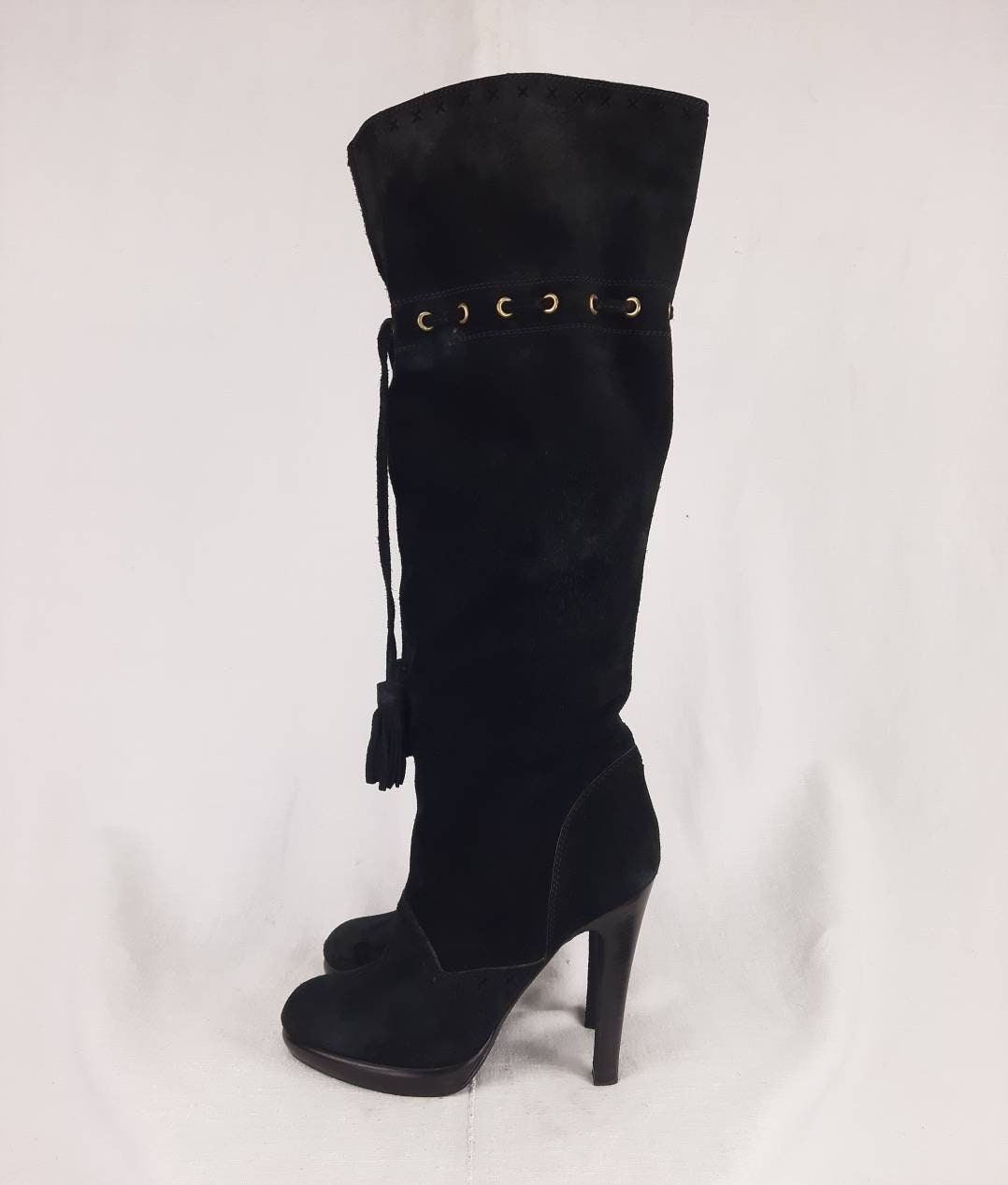 YSL black suede high heeled boots with string tassels EU 39