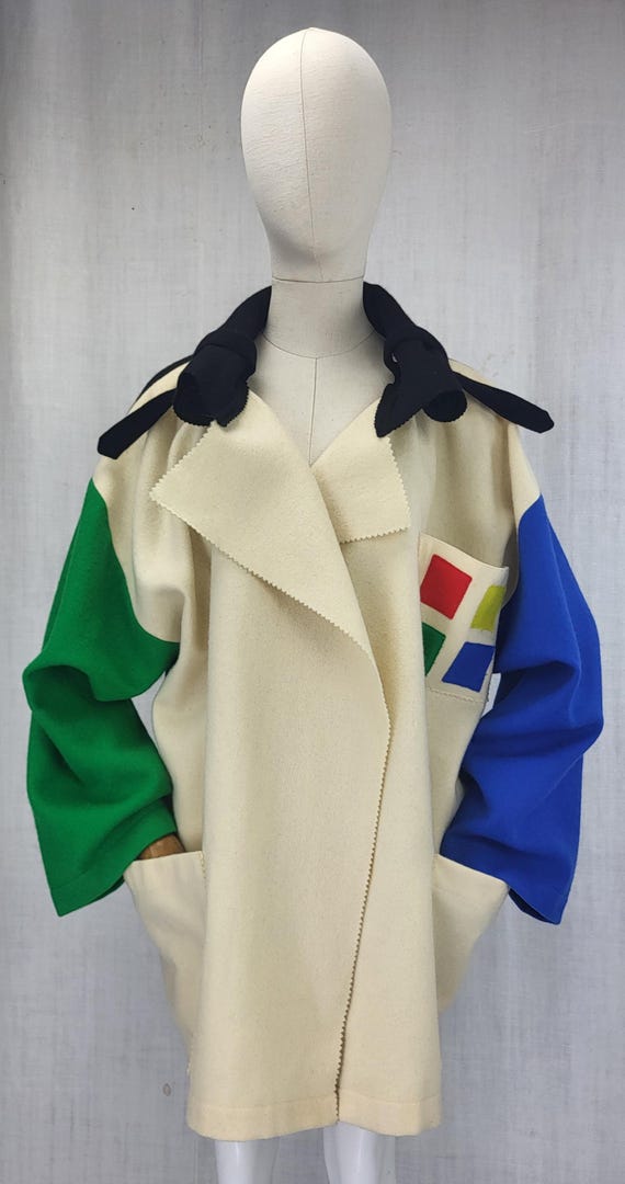 70s Jean-Charles de Castelbajacフリンジジャケット Vintage 1980s Jean-charles De Castelbajac Wool Coat, Colorblock