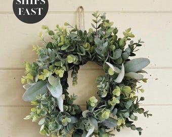 Rustic Farmhouse Mini Wreath with Eucalyptus and Lambs Ear - Realistic Greenery Cabinet Wreaths for Cabinet Shelf Decor Housewarming Gift
