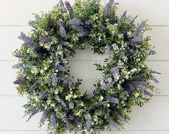 Summer Wreath with Eucalyptus and Purple Lavender for Front Door, Lavender Farmhouse Wreath, Year Round Housewarming Wreath Gift Decor