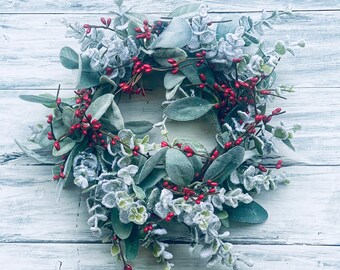 Mini Christmas Wreath with Red Berries, Frosted Kitchen Cabinet Wreath, Small Winter Wreath, Window Wreath, Christmas Candle Ring