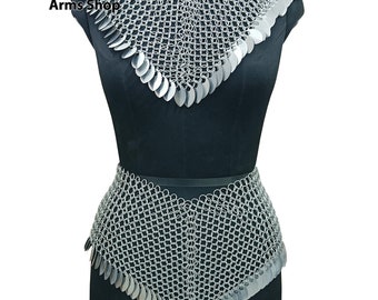 Handmade Medieval Aluminum Chainmail Collar and Skirt Lightweight Scalemail Armor for Women Festival Outfit Ren Faire Halloween Costume