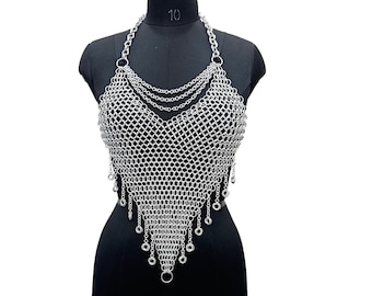 Chainmail Top Bra Metal Aluminum Butted 10mm Ring Chain Design Body Jewelry Stylish and Fancy Medieval Cosplay Costume | Halloween Gift