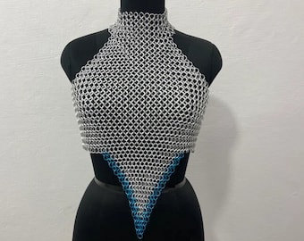 Top de cota de malla con cuello Halter, anillo de salto de aluminio, diseño antiguo, Top colorido Medieval, disfraz de Ren Faire, traje Rave
