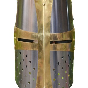 Templar Helmet Mild Steel with Brass Cross Medieval Knight Crusader Armor Replica LARP Wearable for Adult