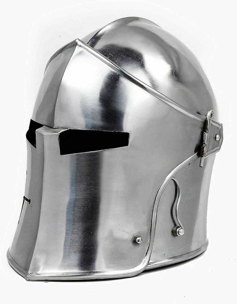May include: A silver helmet with a visor and a hinged cheek guard. The helmet is made of metal and has a smooth, polished finish.