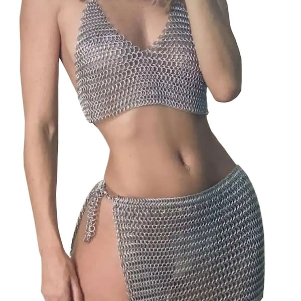 Medieval Chainmail Top and Skirt 10mm Aluminum Butted Ring Medieval Renaissance Fair  Handmade Costume, gift for her