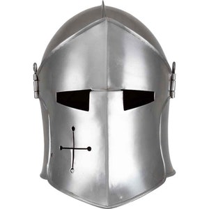 May include: A silver helmet with a visor and a cross design on the front. The helmet is made of metal and has a pointed top.