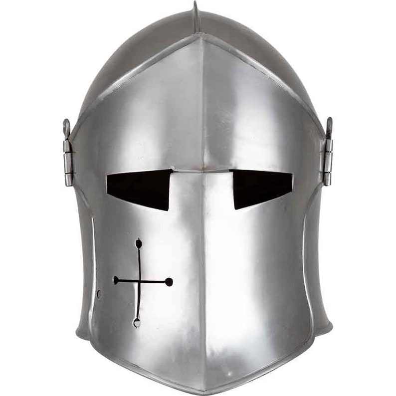 May include: A silver helmet with a visor and a cross design on the front. The helmet is made of metal and has a pointed top.