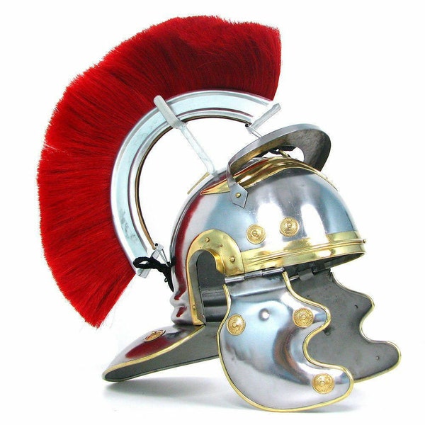 Römischer Helm Mittelalterlicher Ritter Centurio Helm mit Roter Feder Federstahl Rüstung mit Lederfutter Tragbar für Erwachsene, Halloween Geschenk