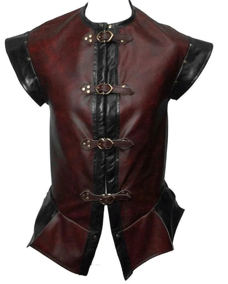Italian Leather Jerkin in Red & Black Sleeveless Jacket Medieval Knight