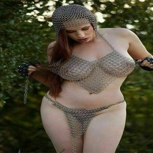 Chainmail Bikini Set Aluminum Handmade Butted Ring Halter Top and Pantie with Coif, Fantasy Costumes, Ren Faire, gift for her