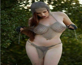 Chainmail Bikini Set Aluminum Handmade Butted Ring Halter Top and Pantie with Coif, Fantasy Costumes, Ren Faire, gift for her