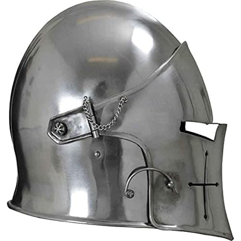 May include: A silver helmet with a visor and a chainmail chin strap. The helmet has a cross design on the side.