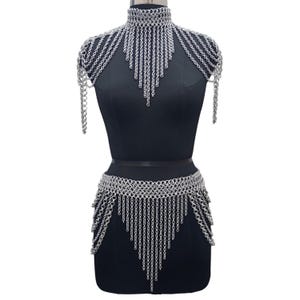 Chainmail Collar and Skirt/Belt, Shoulder Jewelery Rave Outfit Aluminium Neck Piece, Fringed Costume, Halloween Gift, Valentine Gift