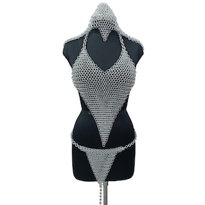 Medieval Chainmail Lingerie Set Aluminum Butted Rings Top Panty and Coif Hood Fantasy Armor Costume Renaissance Faire Outfit Halloween Gift