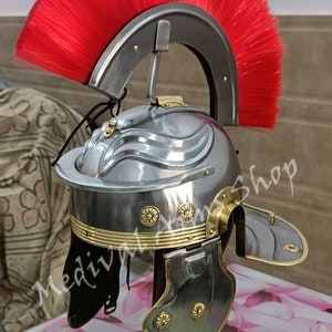 Roman Helmet Medieval Knight Centurion Helmet with Red Plume Mild Steel Armor with Leather Liner Wearable for Adult, New Year Gift
