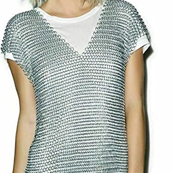 Aluminum Chainmail Shirt Sleeveless 10mm Butted Ring Light Weight Choker Neck Cosplay Medieval Armor for Women's & Girls Costume SCA LARP