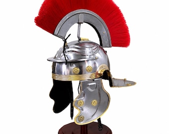Roman Centurion Helmet Red Plume Mild Steel Armor with Leather Liner Medieval Knight LARP Cosplay Costume Wearable for Adult, Halloween Gift