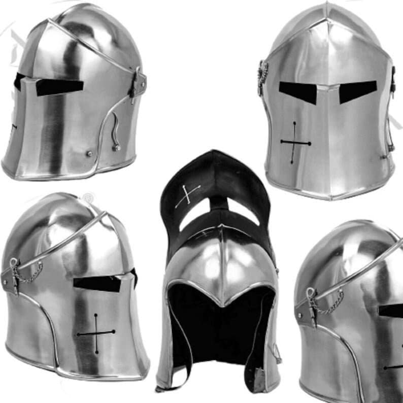 May include: Five silver helmets with a cross design on the front. The helmets are made of metal and have a visor.