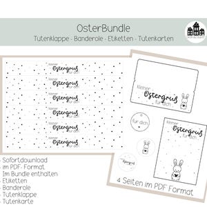 May include: A black and white Easter-themed bundle with labels, tags, and cards. The designs include polka dots, bunnies, and the text "kleiner Ostergruß für dich". The bundle is available in PDF format.