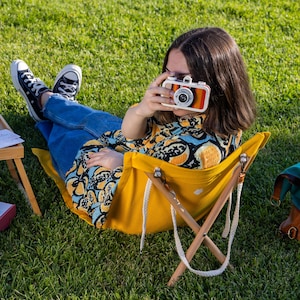 Yellow Retro Outdoor Chair - Easy-to-Carry Camp Chair - Compact Lounger with Cotton Fabric - Foldable Floor Chair for Camping and Beach
