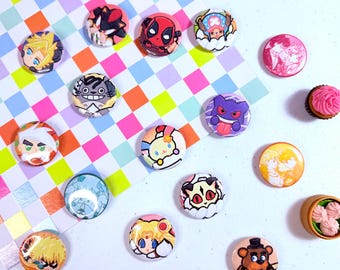 Botones de personajes - Juego de 3 pines de 3,8 cm hechos a mano - Anime, videojuegos, cultura pop