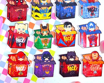 Pegatinas holográficas de vinilo Pocky de Marvel y DC: Deadpool, Batman, Nightwing, Loki.