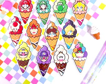 Pegatinas holográficas de vinilo de helados de Super Mario Bros. - Mario, Luigi, Peach, Bowser, Yoshi