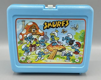 Vintage Smurfs Plastic Handled Blue Thermos Brand Lunchbox No Thermos Included