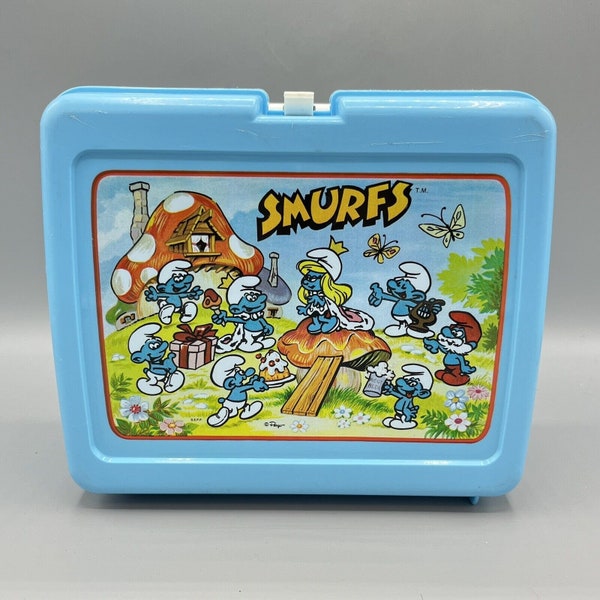 Vintage Smurfs Plastic Handled Blue Thermos Brand Lunchbox No Thermos Included