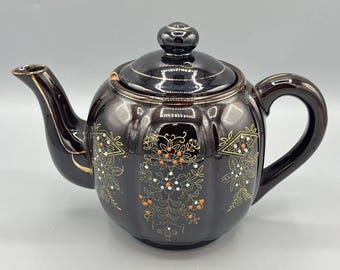 Brown Betty Redware Pumpkin Shape Moriage Teapot Floral Hand Painted Japan - B