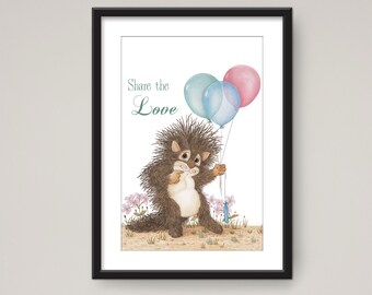 May include: A brown and white hedgehog holding three balloons, two blue and one pink, with the text "Share the Love" above it.