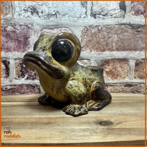 May include: A ceramic frog-shaped planter with a mottled olive green and brown glaze. The frog features large, glossy black eyes and a wide mouth. The text "rah rah raddish." is printed in the bottom left corner of the image.