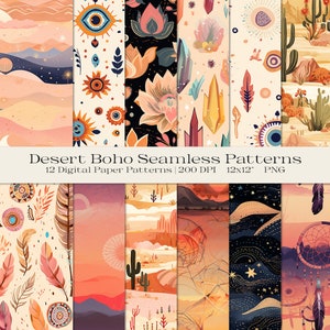 Puede incluir: Doce patrones de papel digital en estilo boho del desierto. Los patrones presentan cactus, cristales, plumas, estrellas, atrapasueños y otros elementos inspirados en el desierto. Los patrones están en una variedad de colores, incluyendo rosa, naranja, amarillo, azul y verde. Los patrones son de 12x12 pulgadas y 200 DPI.