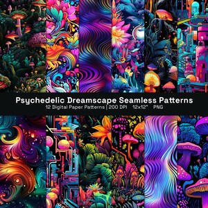 Puede incluir: Doce patrones de papel digital con diseños psicodélicos de ensueño. Los patrones incluyen hongos, flores y formas abstractas en colores vibrantes como rosa, morado, azul y verde. Los patrones son sin costuras y se pueden utilizar para una variedad de proyectos.