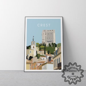 May include: Framed art print featuring a stylized illustration of Crest, France, with a light blue sky background. The artwork depicts a historic town with a clock tower, buildings, and a large fortress. The word "CREST" is at the top.