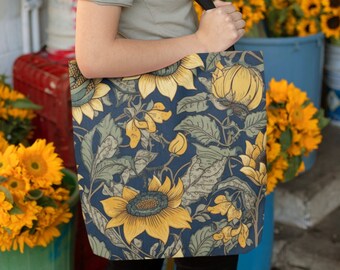 Sunflower Floral Print Tote Bag, Reusable, Nature Lover, Eco Friendly, Grocery Tote, Vintage Flowers, Floral Tote, Retro, Shopper Bag