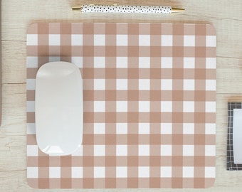 Tapis de souris imprimé vichy marron et blanc, accessoires informatiques, décor de bureau, travail à domicile, esthétique preppy, plaid, carreaux vichy