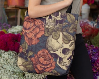 Skull Print Tote Bag, Reusable, Gothic, Eco Friendly, Grocery Tote, Goth, Vintage Flowers, Retro, Steampunk, Halloween, Jacobean Flower