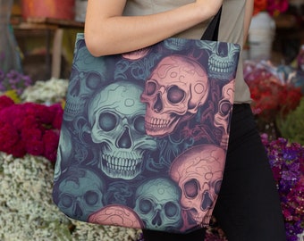 Skull Print Tote Bag, Reusable, Gothic, Eco Friendly, Grocery Tote, Goth, Pink Skulls, Beach Bag, Halloween, Steampunk, Abstract Print Bag